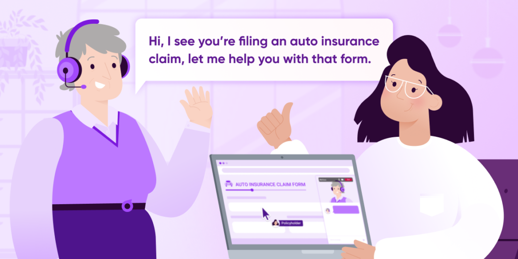 An insurance contact center representative stands on the left of the image offering assistance with an auto insurance claim form while an insurance customer sits with her laptop open on the right of the image.